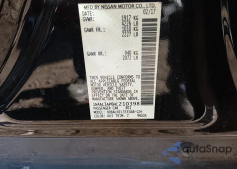 2017 Nissan Altima 2.5 Sr z USA, uszkodzony, nr VIN 1N4AL3AP6HC210398